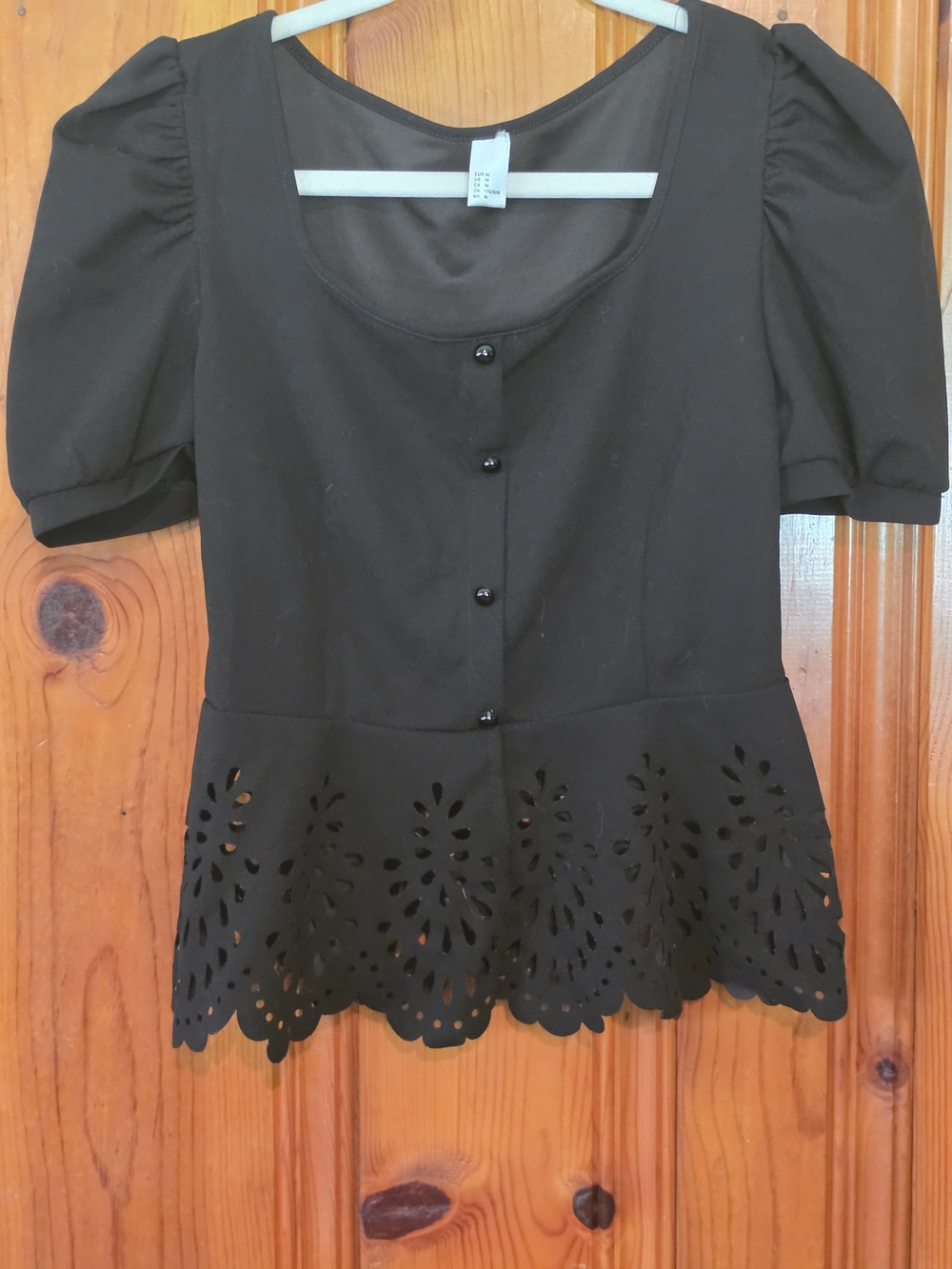 SHEIN Black Puff-Sleeve Button Front Peplum Top with Laser-Cut Hem